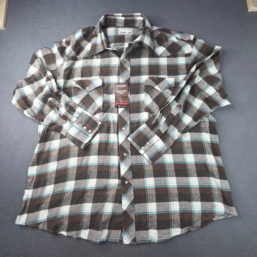 Wrangler Wrancher Mens XXL Brown Plaid Western Pearl Snap Long Sleeve Shirt NWT